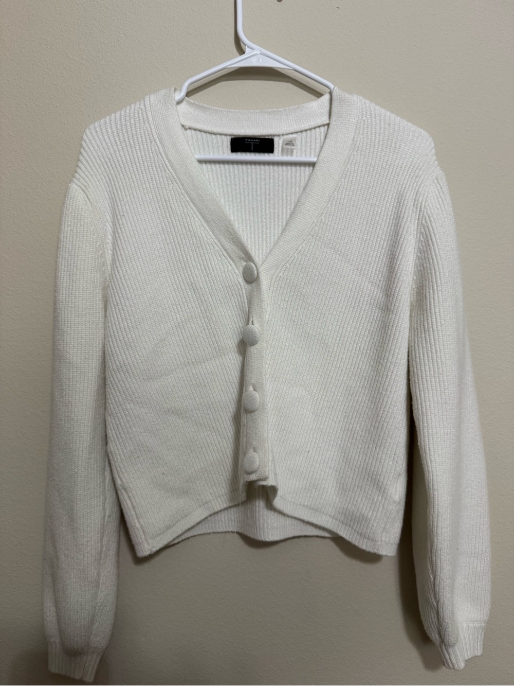 Tahari Cream Button-Front V-Neck Ribbed Cardigan